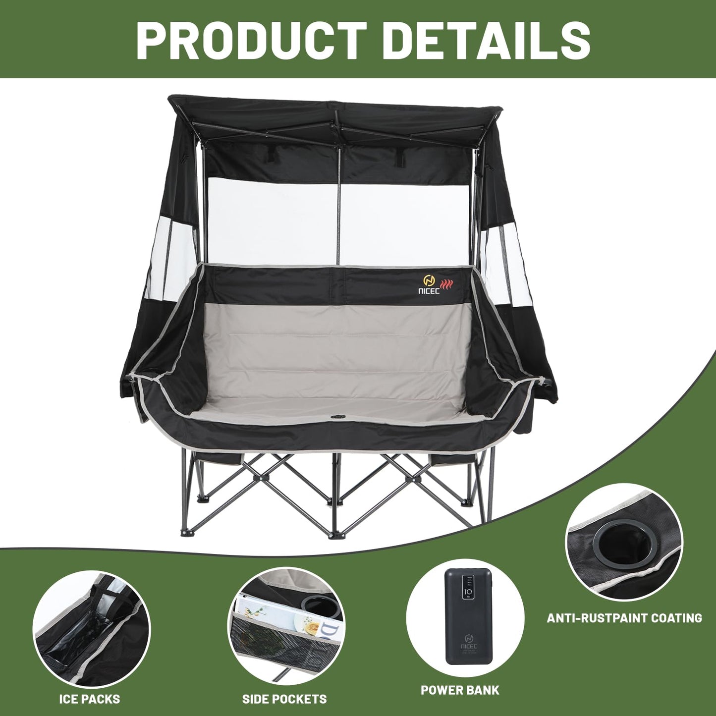 Nice C Heated Double Camping Chair with Canopy, Heated Outdoor Sports Folding Bench with Battery, Portable Padded Umbrella Chairs, Couch with Shade, Cup Holder, Cooler Bag, Loveseat For Lawn, Outdoors