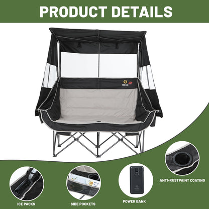 Nice C Heated Double Camping Chair with Canopy, Heated Outdoor Sports Folding Bench with Battery, Portable Padded Umbrella Chairs, Couch with Shade, Cup Holder, Cooler Bag, Loveseat For Lawn, Outdoors