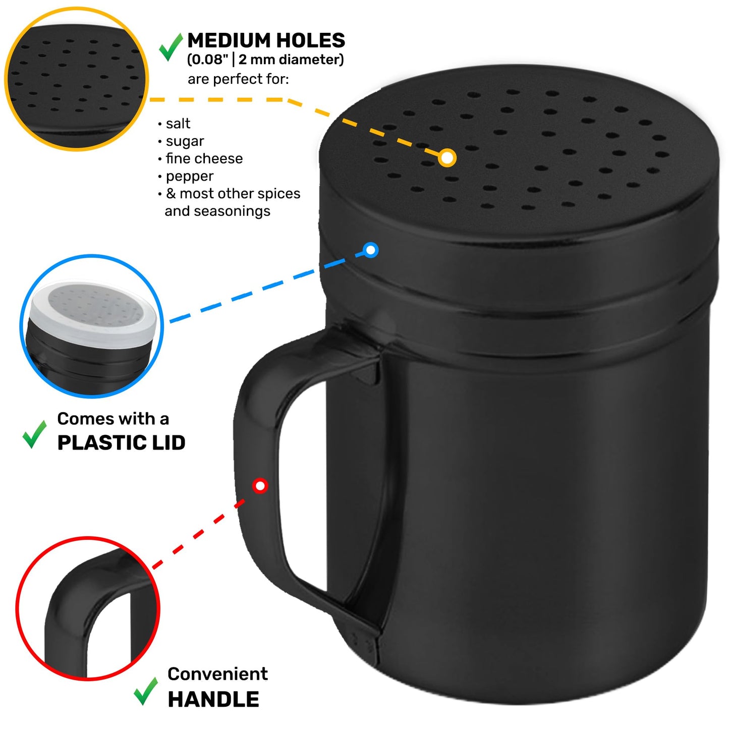 CUSINIUM 10oz Black Stainless Steel Salt Pepper Dredge Shakers - With Plastic Cap - With Handle - Pack of 2