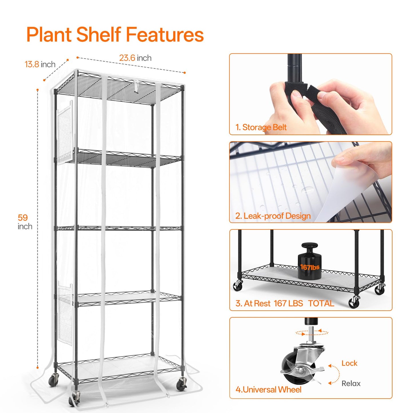 Bstrip Indoor Greenhouse, 5 Tier 23.5"x13.8"x59" Mini Greenhouse with Grow Light, 4 Pack 24W Full Spectrum Plant Lights & Timer, Plant Stand with Grow Light for Indoor Plant, Seed Starting, Seed Tray