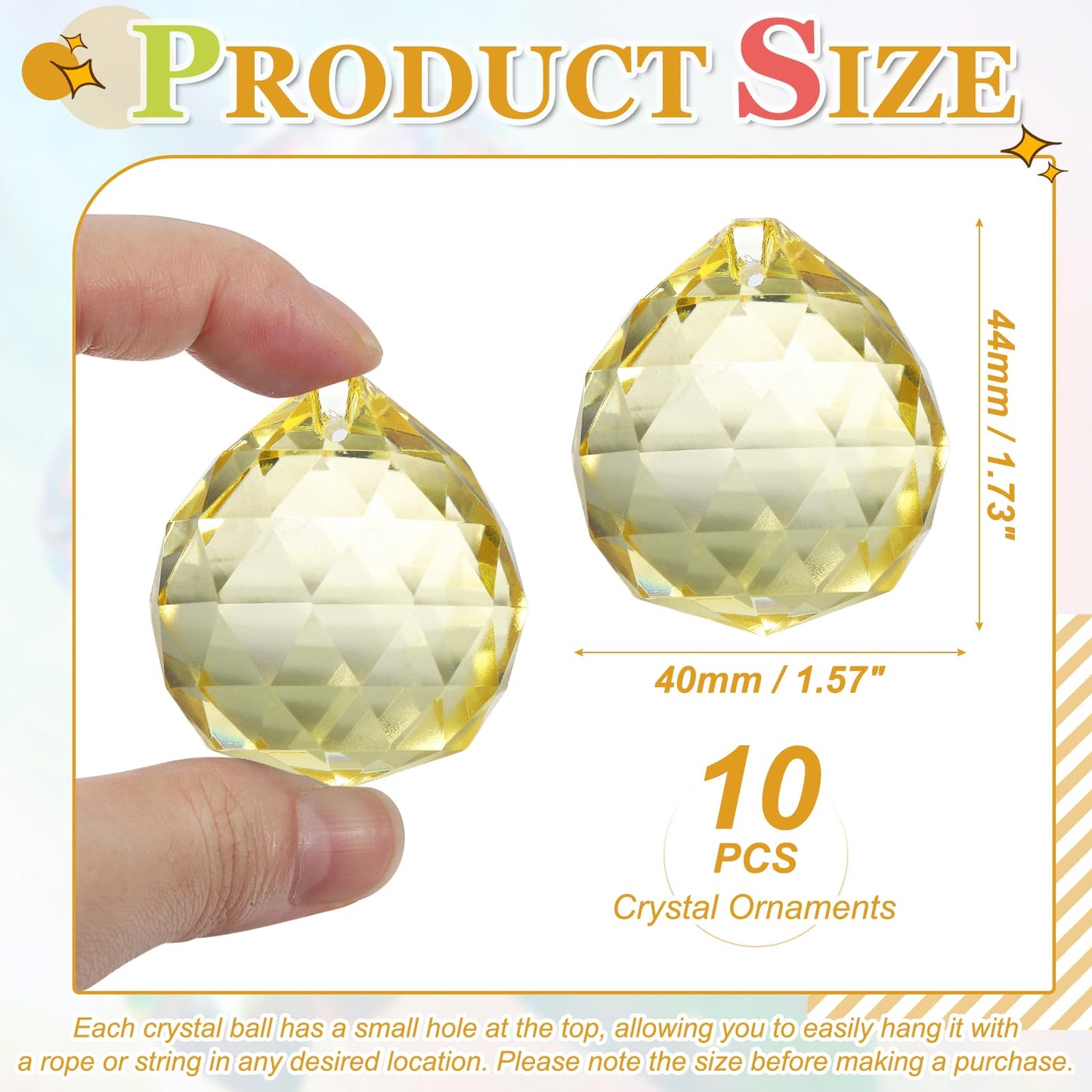 YELARXI Crystal Ball Prisms, Sun Catcher Hanging Prism Sun Catcher Pendant 44mm / 1.73Inch & 10 Pack & Light Yellow-Fitting for (Outdoor/Indoor/Windows/DIY Decor/Feng Shui/Chandelier)