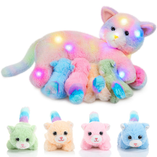 Skylety Nurturing Cat Stuffed Animal with 4 Plush Kittens, Cat Baby Stuffed for Girls Boys Plushy Mommy Kitty with Baby Kittens for Christmas Birthday Party Favors Gifts(LED Style)