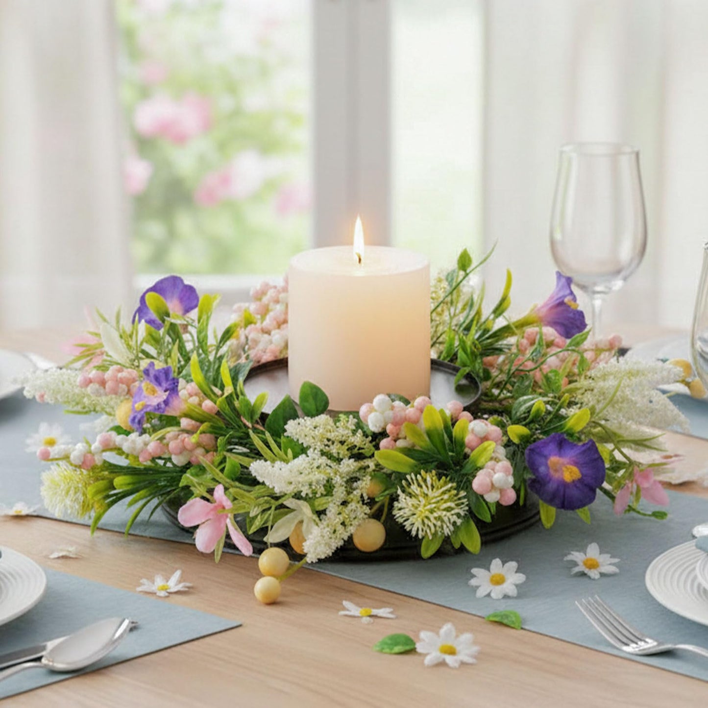 MOYEE Centerpieces for Tables Wreath with Candle Holder,Candle Ring, Black Metal Candlestick with an Artificial Wreath 14 in Versatile Dining Table Centrepiece