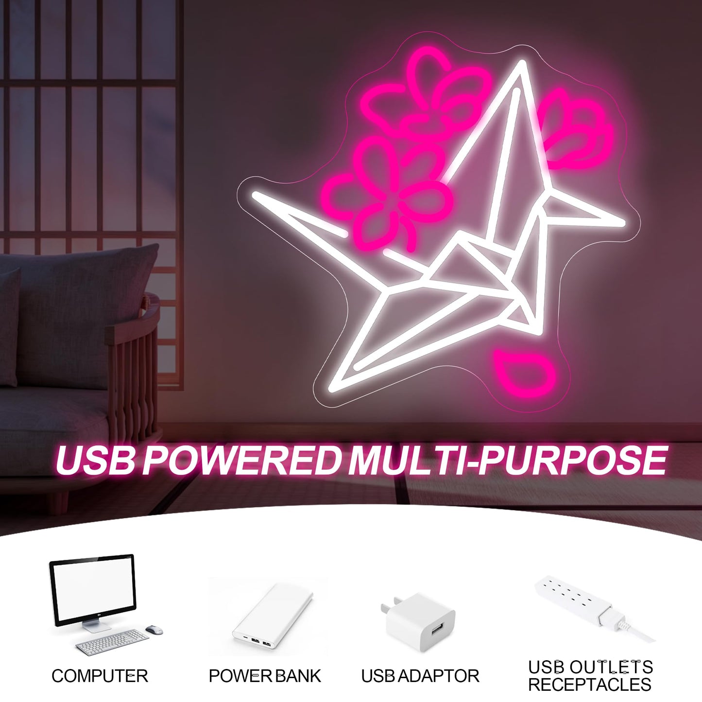 Origami Paper Crane Neon Sign, Flower Crane LED Neon Sign Wall Decor for Bedroom Living Room, Neon Signs for Wall Decor Aesthetic Gift for Her 13.8” × 13”
