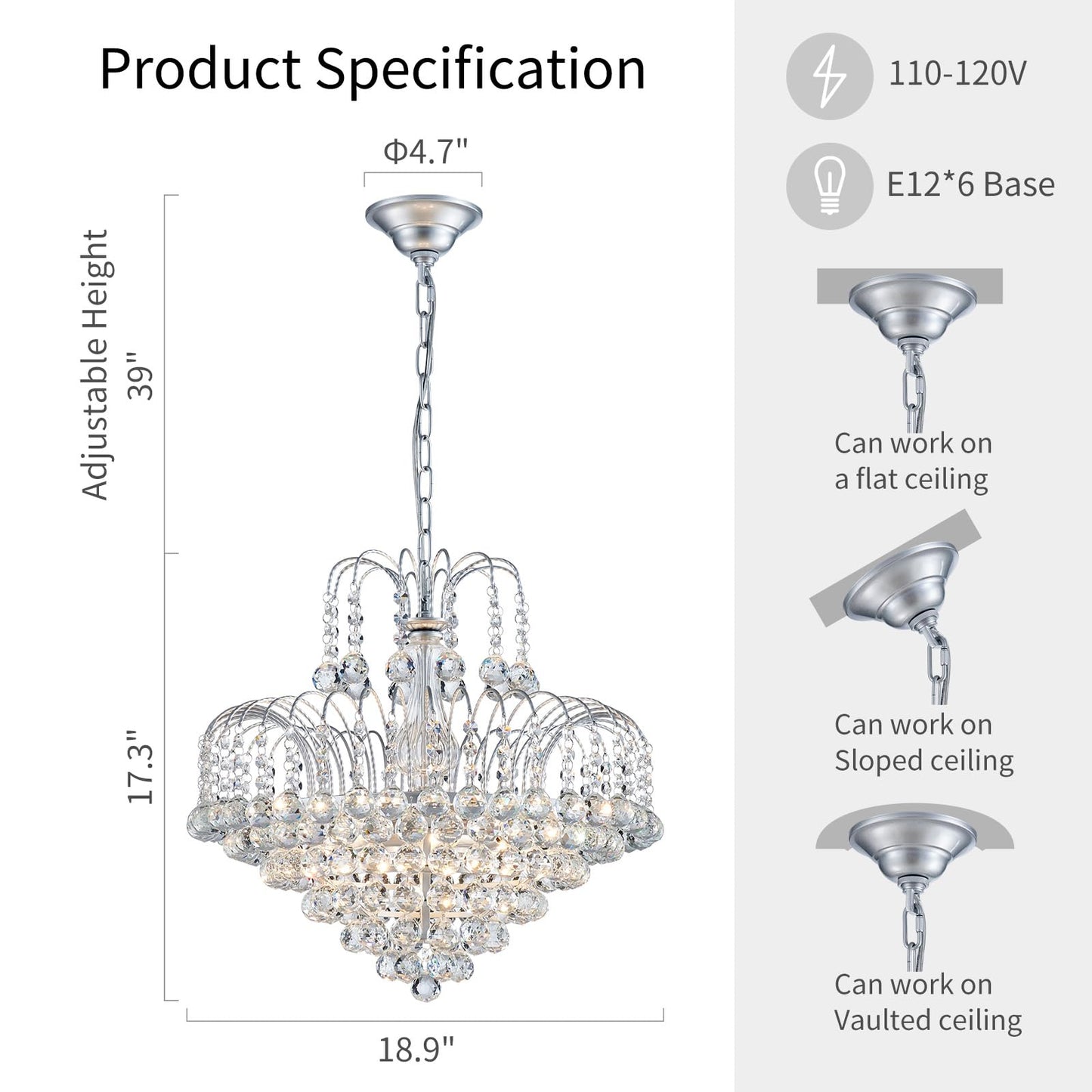 WUZUPS Crystal Chandelier Pendant Flushmount Ceiling Light Modern Lighting Fixture for Bedroom Hallway Bar Kitchen Bathroom, H 17.3" x W 18.9", Silver, E12 Base