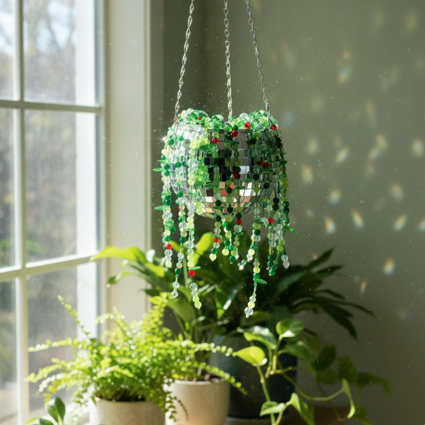 Potchen 1260 Pcs DIY Beaded and Planter Set, Glass Beaded Plant Making Kit with Hanging Rope Green Nature Series Colorful Crystal Leaf Jewelry Beads for Planer Crafts (Disco)