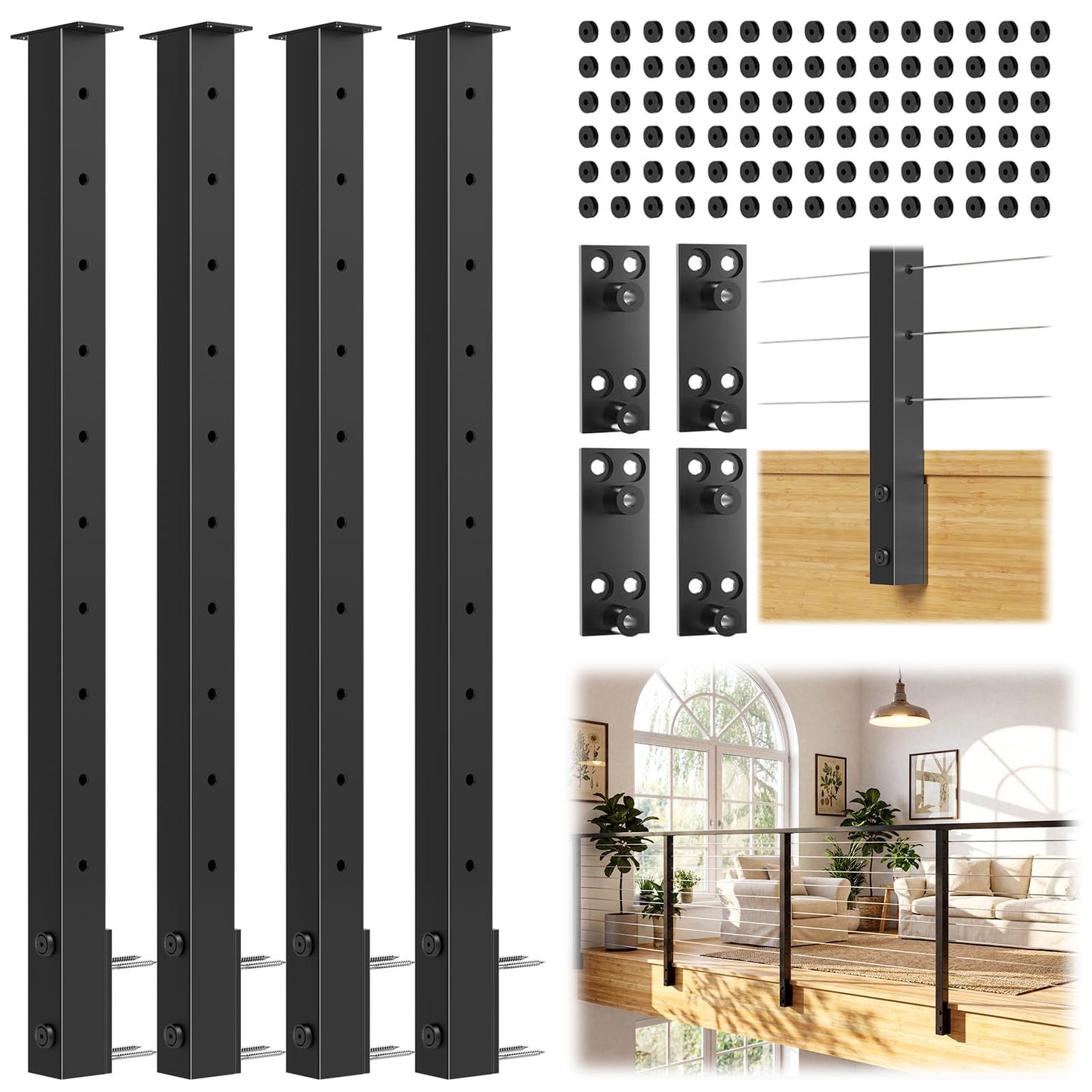 Gyykzz 36" Side Mount Cable Railing Post, 4 Pack Level Space-Saving Side Mount Post System, Stainless Steel T304 Fascia Mount Handrail Post, Heavy-Duty Cable Railing Kit Indoor Outdoor Deck Post