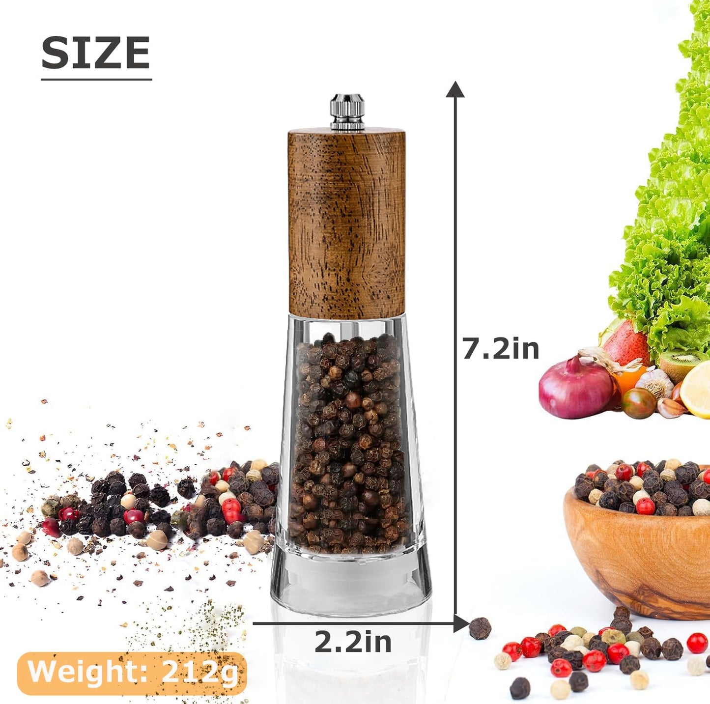 Salt and Pepper Grinder Set, Acrylic Pepper Mill with Adjustable Coarseness Wooden Pepper Grinder, Manual Salt Shake Refillable for Kitchen, Pack of 2 (Light Wood)