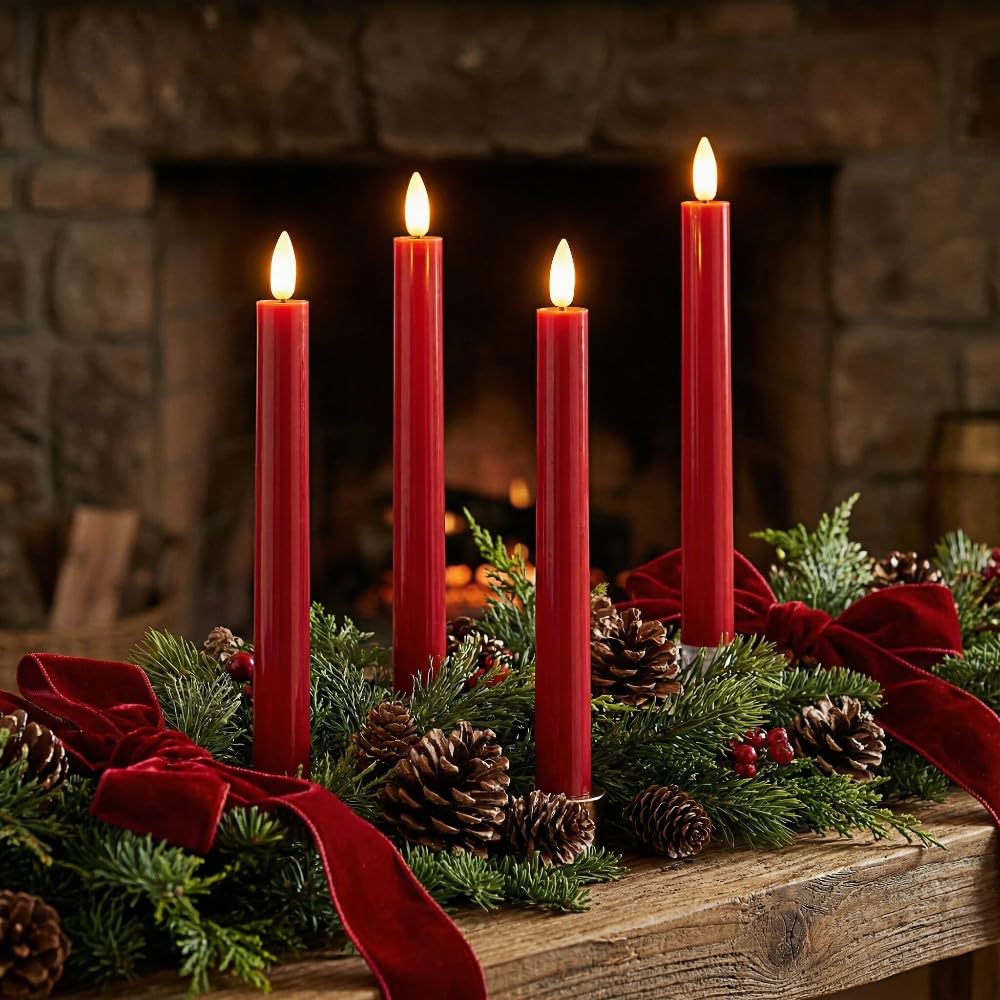 Simplelight Red Flameless Taper Candles with Timer, 9 Inch, Pack of 4