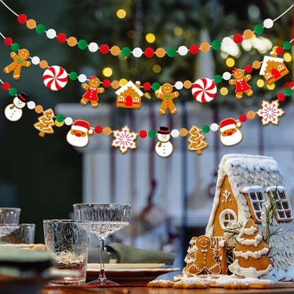 Doumeny 3Pcs Christmas Felt Ball Banner Xmas Gingerbread Man Candy House Garland Banner Christmas Tree Santa Claus Snowflake Snowman Garland Bunting Xmas Hanging Bunting for Holiday Mantel Home Decor