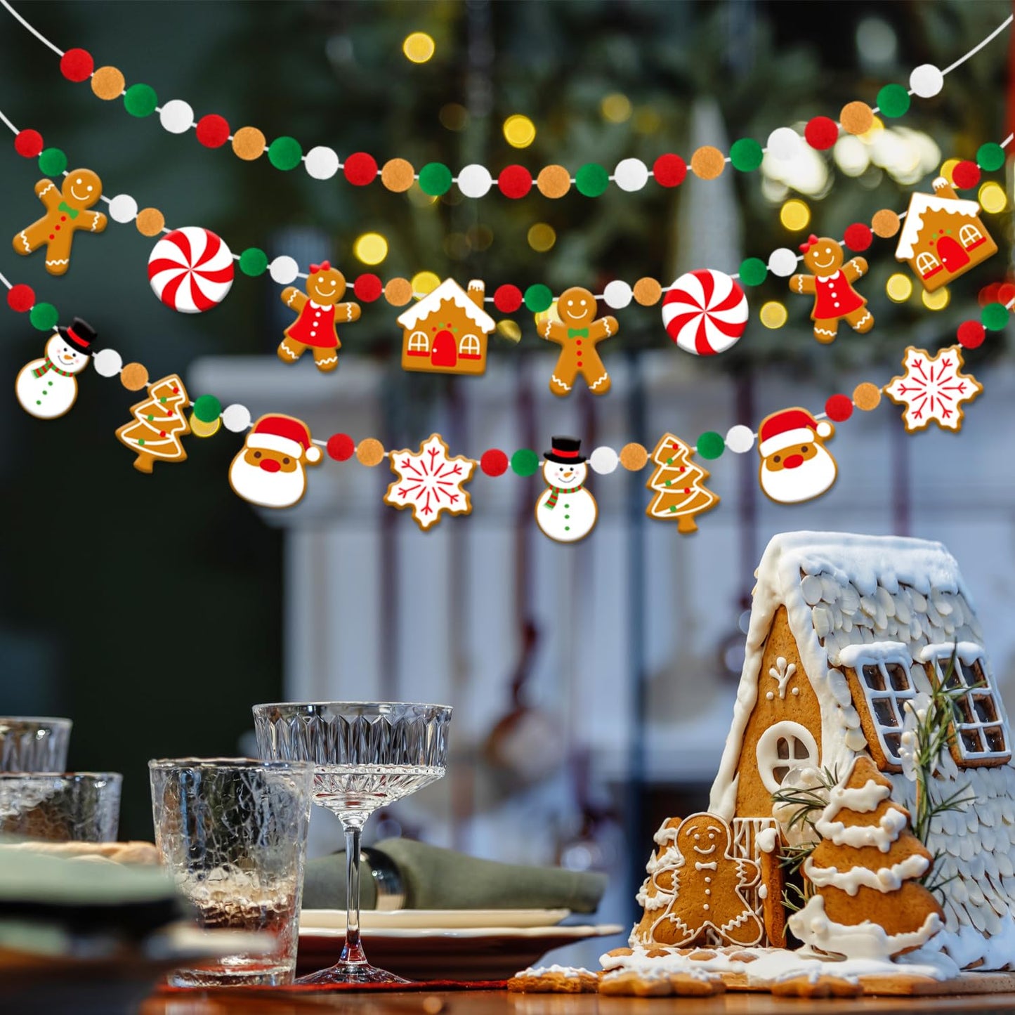 Doumeny 3Pcs Christmas Felt Ball Banner Xmas Gingerbread Man Candy House Garland Banner Christmas Tree Santa Claus Snowflake Snowman Garland Bunting Xmas Hanging Bunting for Holiday Mantel Home Decor