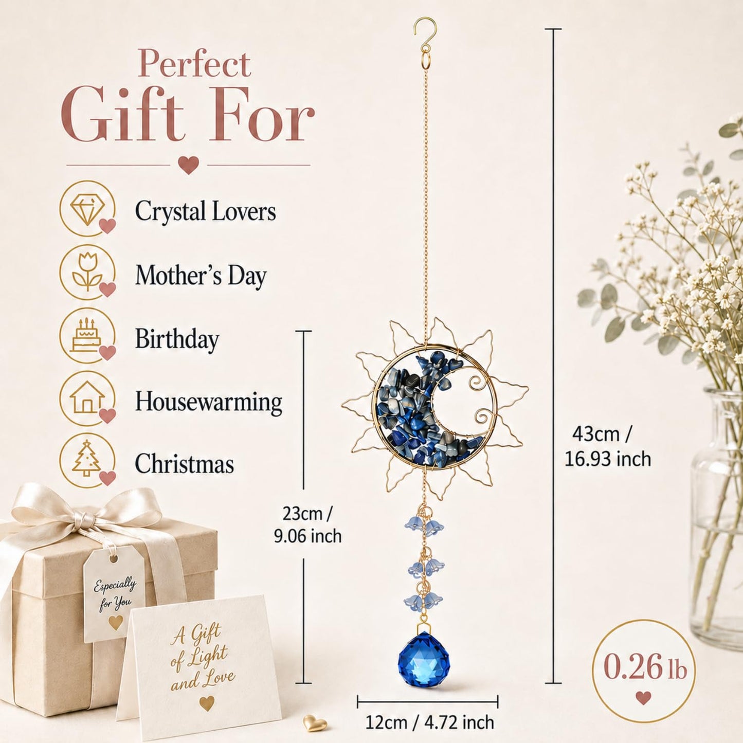 Hanging Sunlight Catcher, Sun & Moon Crystal Suncatcher, Crystal Hanging Ornament, Hanging Crystals for Decoration, Festival Gift, Window Decoration (Blue)
