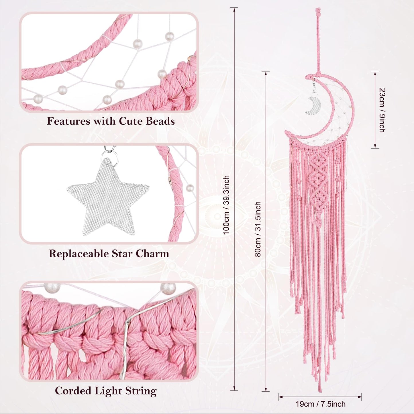 ANROYE Macrame Moon Dream Catcher for Girl, Pink Boho Crescent Dreamcatcher for Bedroom Adult, Handmade Kids Nursery Room Wall Hanging with Star Pendant for Teen, Bohemian Home Decoration Idea