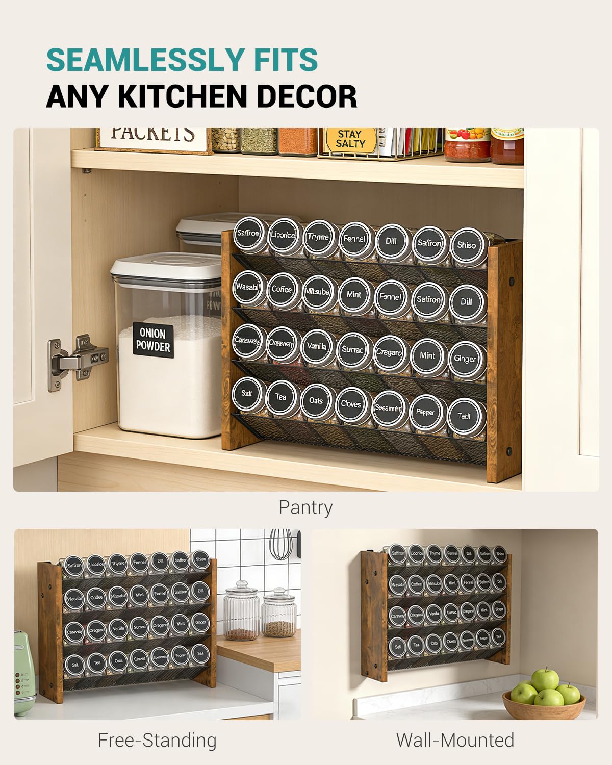 NESAPTO Spice Rack Organizer for Cabinet, Wood 4-Tier Vertical Seasoning Organizer, Wall Mount or Countertop Spice Shelf, Holds 28 Jars (No Jars Included), 14" W x 9.4" H