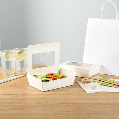 Restaurantware, Cafe Vision 42 Ounce Disposable To Go Boxes 200 Paper Boxes For Food - Hinge Lock Grease-Impervious White Paper Take Out Food Containers With Window For Lunch Or Desserts