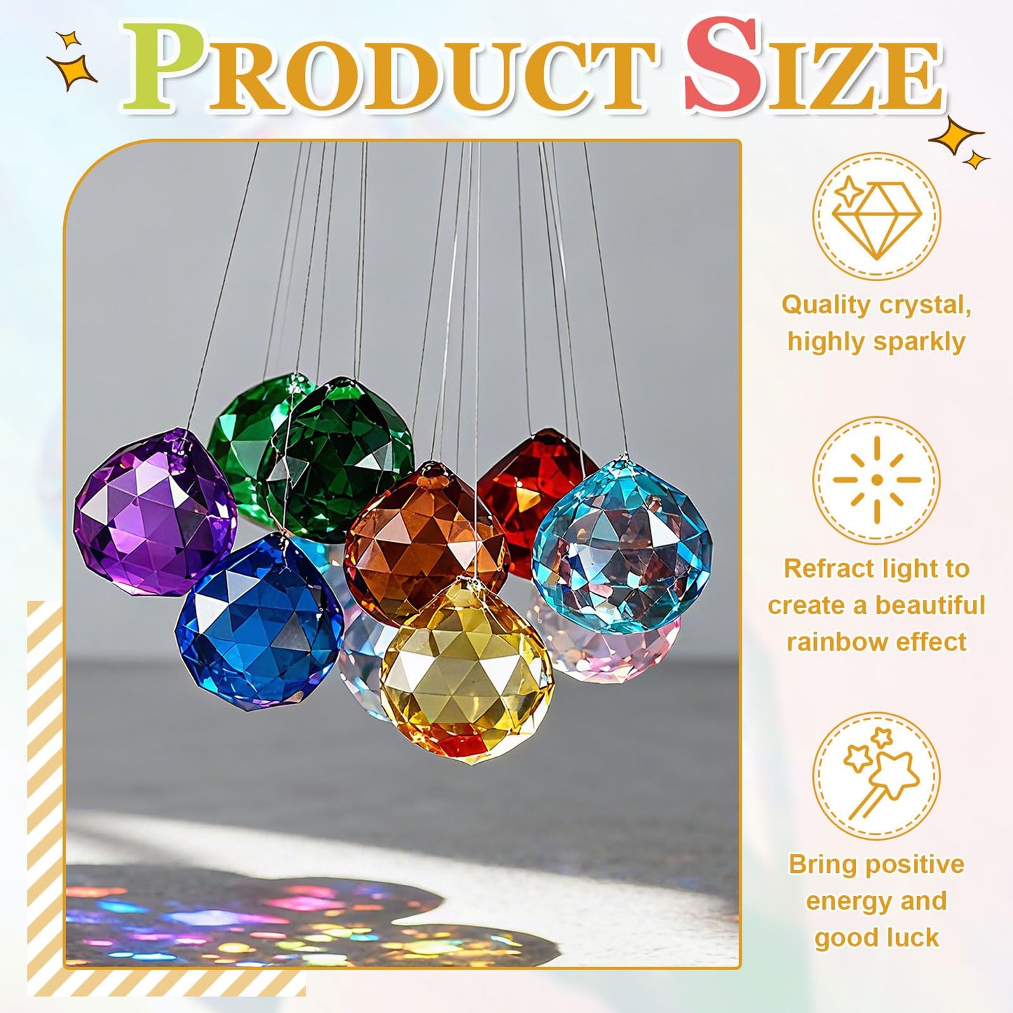YELARXI Crystal Ball Prisms, Sun Catcher Hanging Prism Sun Catcher Pendant 42mm / 1.65Inch & 10 Pack & Champagne-Fitting for (Outdoor/Indoor/Windows/DIY Decor/Feng Shui/Chandelier)