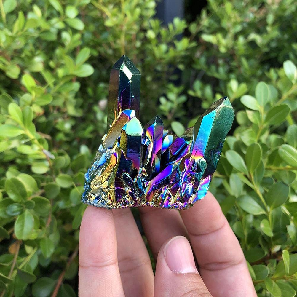Phefop Rainbow Crystal Cluster Stone Rock Crystal Cluster Geode Specimen, Rough Polished and Electroplated with Random Shape for Home Decor (Pink)