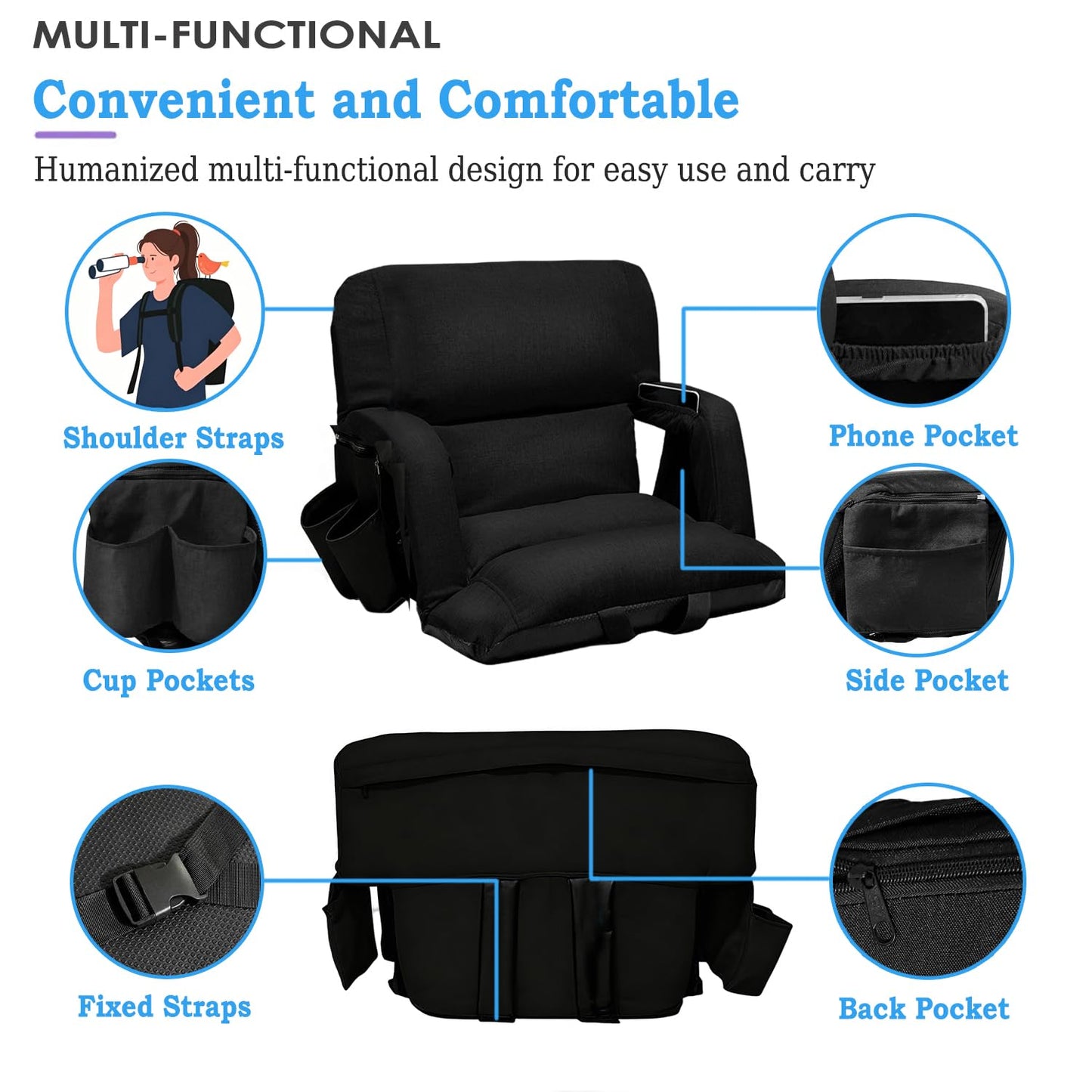 Stadium Seats with Back Support 2 Pack, 4.3" Thick Extra Wide Comfy Cushion 6 Adjustable Angle Bleacher Seat with Armrest, "Sofa Style" Design, Ultra-Strong Steel Frame, Multiple Pockets (Black, 25")