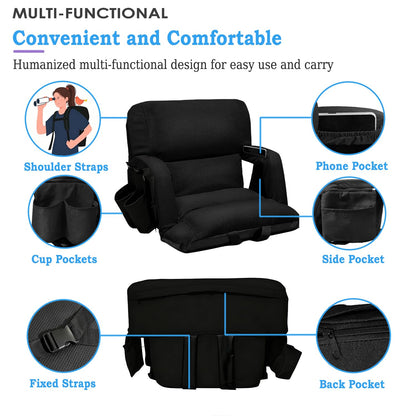 Stadium Seats with Back Support 2 Pack, 4.3" Thick Extra Wide Comfy Cushion 6 Adjustable Angle Bleacher Seat with Armrest, "Sofa Style" Design, Ultra-Strong Steel Frame, Multiple Pockets (Black, 25")