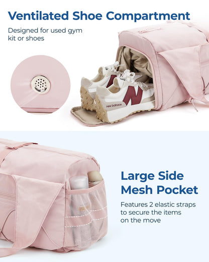 BAGSMART Gym Bag for Women, Lightweight Duffel with Shoe Compartment, Tote Bag with Wet Pocket for Yoga Travel, Pink