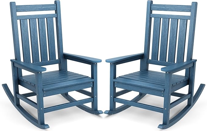 SERWALL Oversized Outdoor Rocking Chair Set of 2, HDPE Rocker for Adults, Patio Rocking Chairs for Porch, Blue