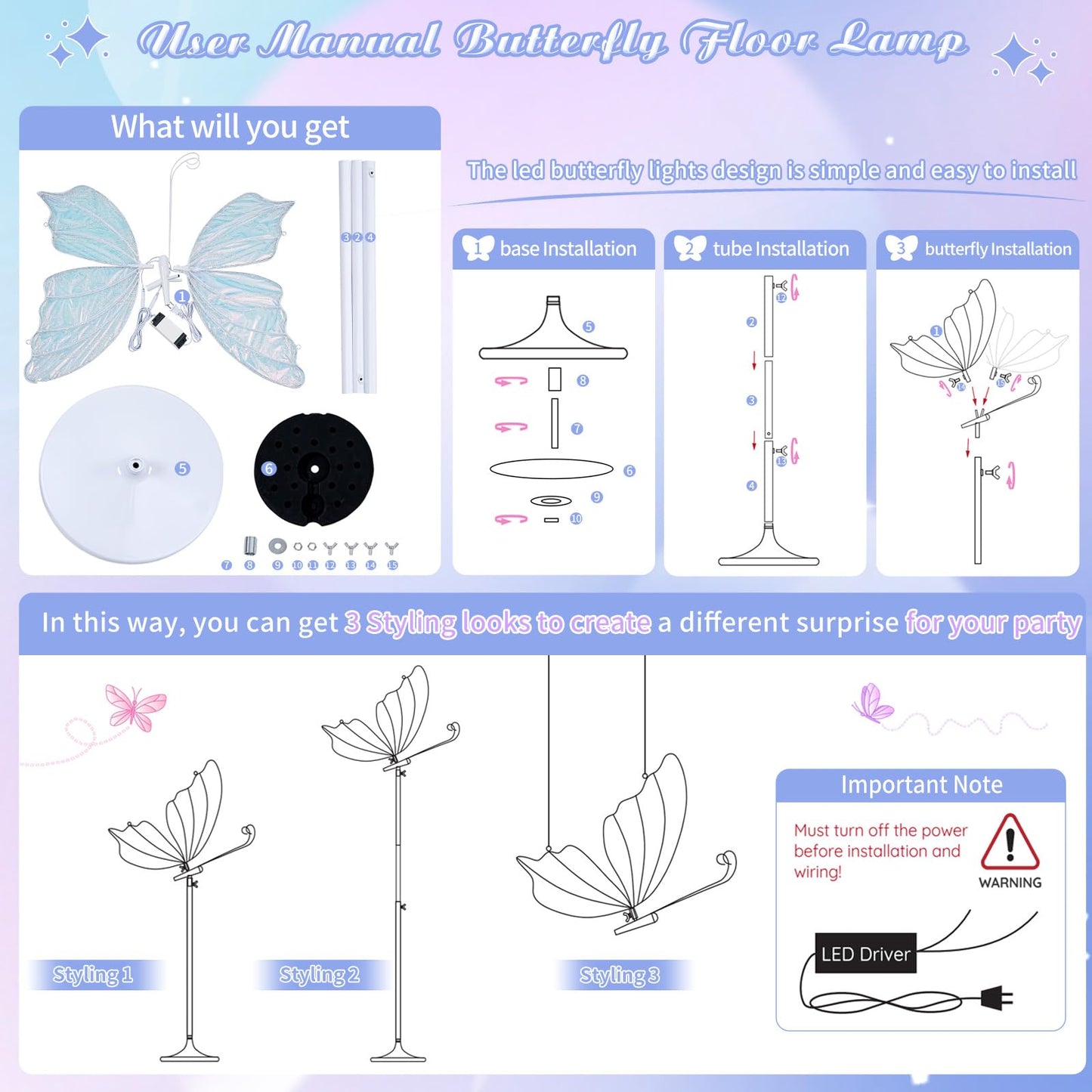 B-COOL Wedding Butterfly Floor Lamp Decoration: Christmas Birthday Party Lights Butterfly Ceiling Lamp Butterflies Chandelier White Led Decorative Iridescent|Silver Sequin 60cm/23.6in & 1PCS