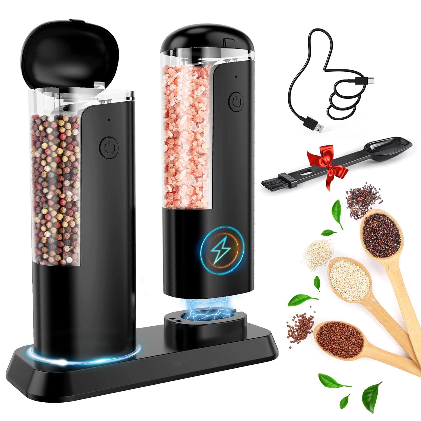 Electric Salt and Pepper Grinder Set: Rechargeable Salt and Pepper Shakers Set Electric For Gravity Spice Grinders Adjustable Automatic Peppercorns Mills Refillable Shaker Mill Large Capacity
