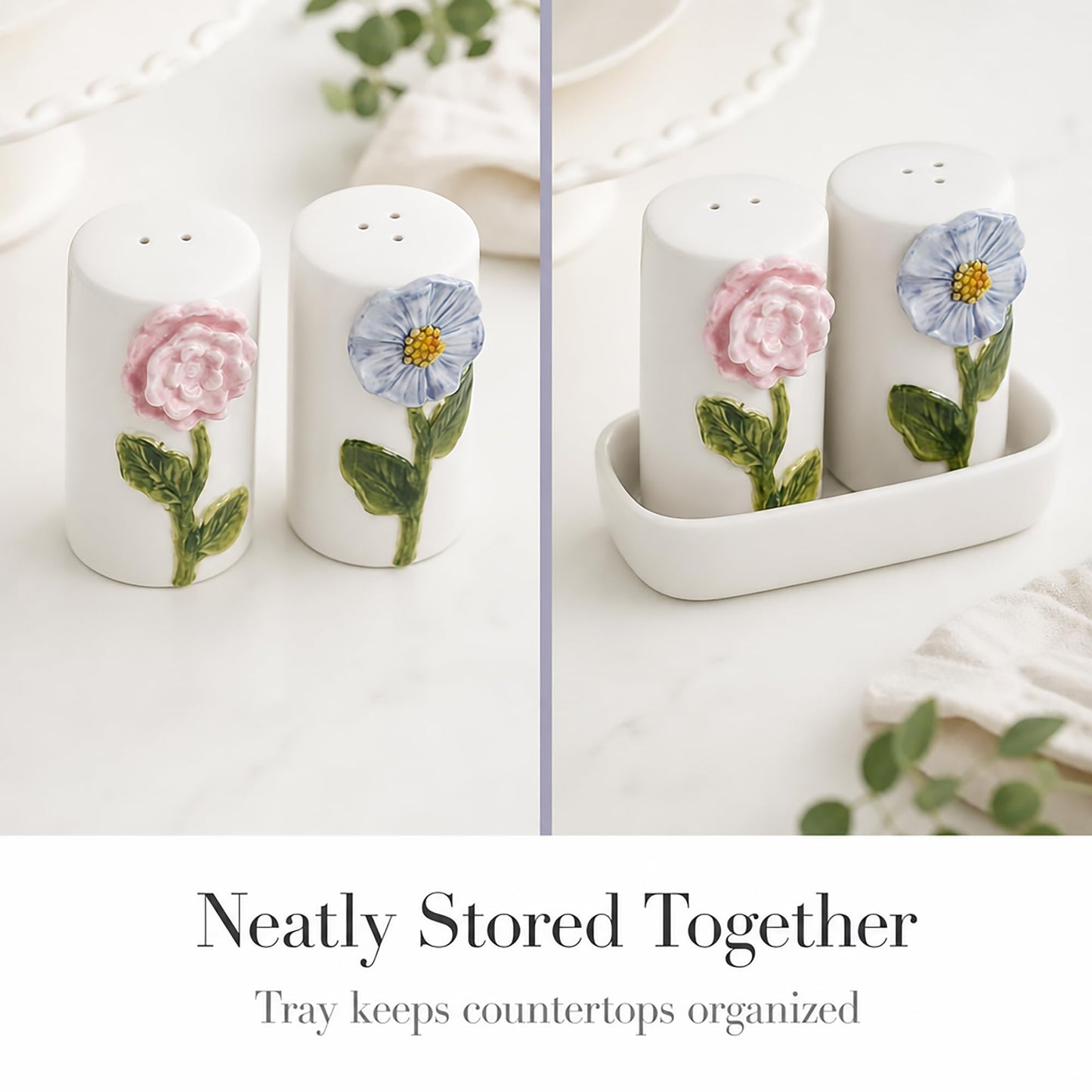 Mud Pie Stoneware Flower Salt And Pepper Shaker Set