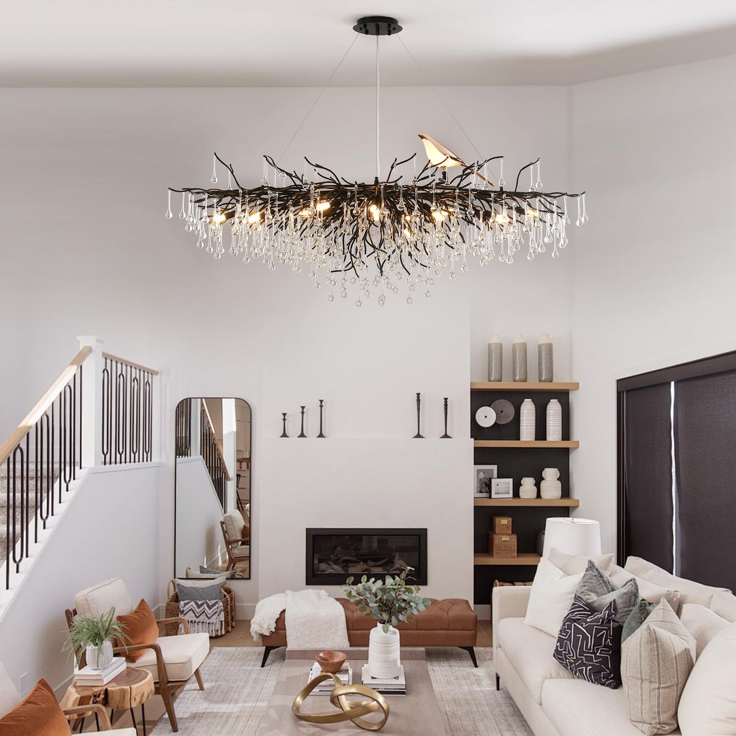 Modern Crystal Chandelier, Tree Branch Style - L60" Black Linear Raindrop Pendant Light - 16 Lights for Dining, Living Room, Entryway, Foyer, Stairway, Bedroom