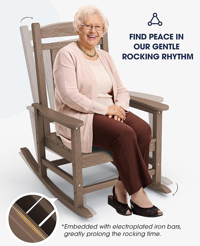 KINGYES HDPE Rocking Chairs Outdoor, Patio Rocking Chairs with 330lbs Support, Smooth Porch Rocker for Deck Lawn Yard, Brown