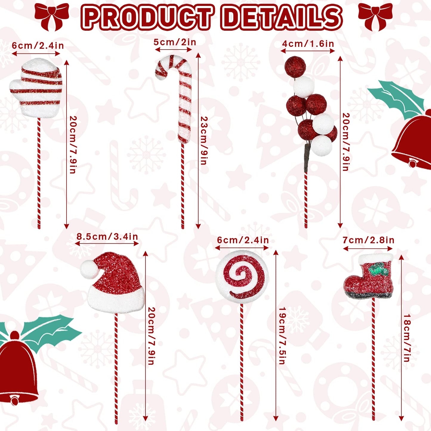 12 Pcs Christmas Candy Cane Ornaments Set Christmas Picks Glitter Lollipop Santa Hat Gloves Berries Boots Decoration with Red and White Stripes for Xmas Tree Wreath Party Supplies Vase Filler Crafts