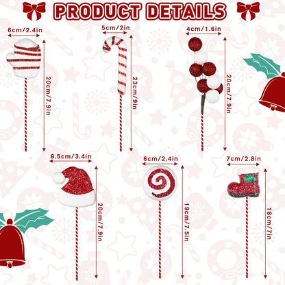 12 Pcs Christmas Candy Cane Ornaments Set Christmas Picks Glitter Lollipop Santa Hat Gloves Berries Boots Decoration with Red and White Stripes for Xmas Tree Wreath Party Supplies Vase Filler Crafts