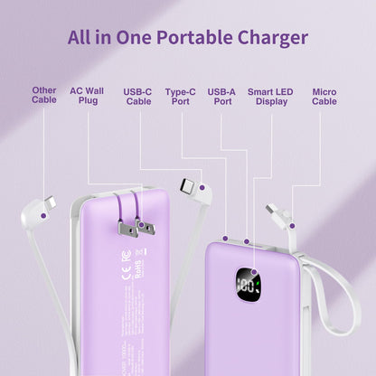 Portable Charger with Built-in Cables&AC Wall Plug,Slim 10000mAh 22.5W Fast Charging Power Bank,5 Output 2 Input USB-C External Battery Pack Compatible with iPhones,Samsung,Android, etc