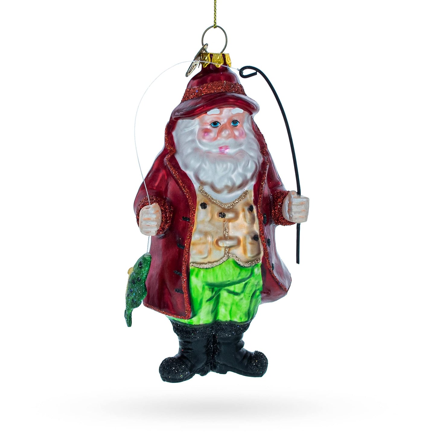Angler Santa with Catch of the Day Glass Christmas Ornament