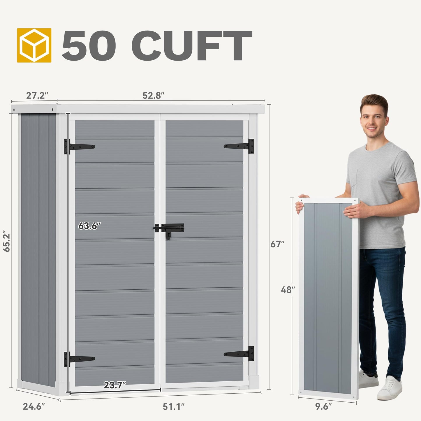 DWVO Outdoor Tall Storage Shed 50 Cuft with 2 Shelves, 4.3x2x5.5ft Vertical Tool Shed with Floor & Lockable Doors, Sturdy Double-Wall Plastic Cabinet for Garbage Cans and Garden Equipment