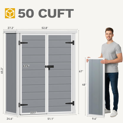 DWVO Outdoor Tall Storage Shed 50 Cuft with 2 Shelves, 4.3x2x5.5ft Vertical Tool Shed with Floor & Lockable Doors, Sturdy Double-Wall Plastic Cabinet for Garbage Cans and Garden Equipment