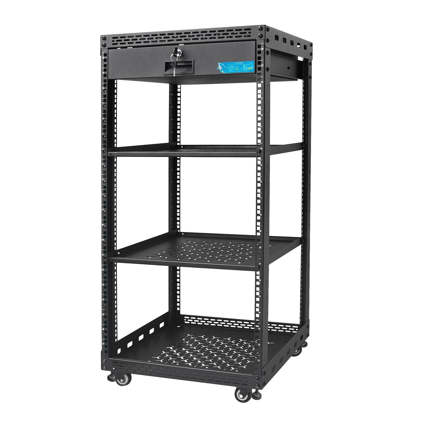OCEANHUG 20U Server Rack Cabinet with Drawer & 2 PCS Full Size Rack Shelves - Integrated Top/Bottom Panels, 4 Rolling Wheels for 19" Equipment & Home Lab Studio