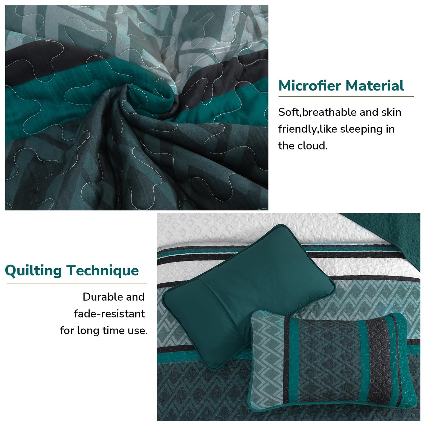 Dinjoy Boho Quilt Set King, Soft 3 Pieces Striped Bedspreads, Dark Green Bedding Sets Micofiber Lightweight Quilts with 2 Pillow Shams Coverlet Bed Sets for Women Men 110''x90''