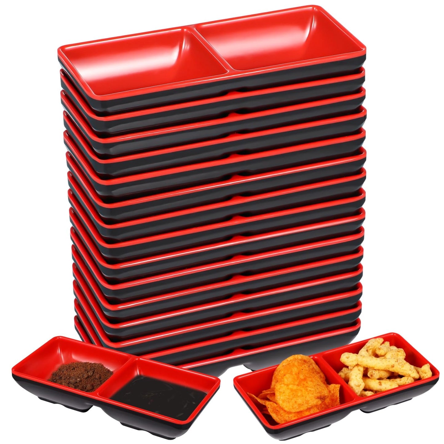 Tideme 15 Pcs Dual Dipping Bowls, Melamine Soy Sauce Dishes, Black Red Sushi Sauce Dipping Plates, Japanese Style Divided Cups, 2 Compartments Appetizer Serving Trays for Kitchen, Restaurants