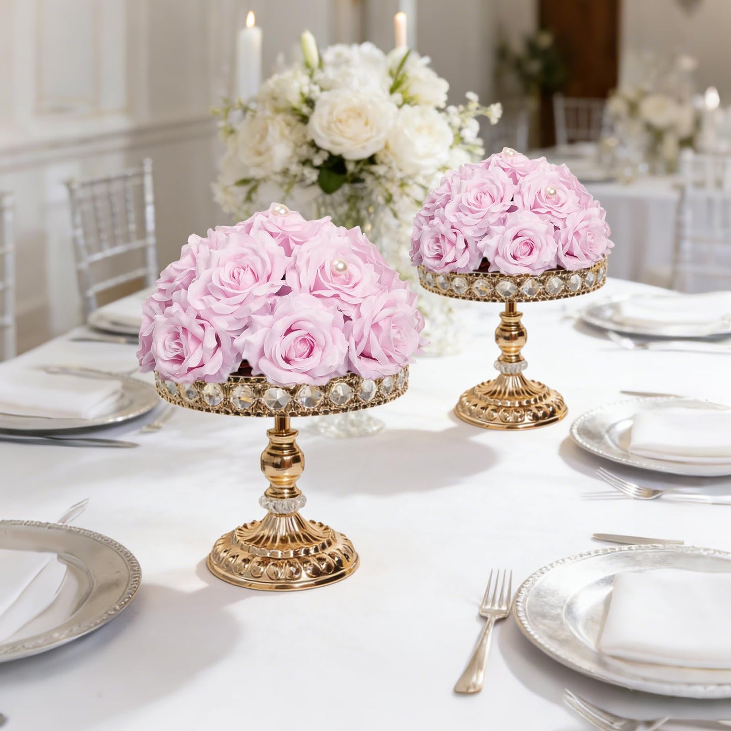 BloomTrend Flower Centerpieces for Wedding Tables: 2 Pcs 9.5 inch Diameter Pearl Inlaid Purple Silk Rose Artificial Flower Ball for Weddings Party Birthday Bridal Shower Decorations