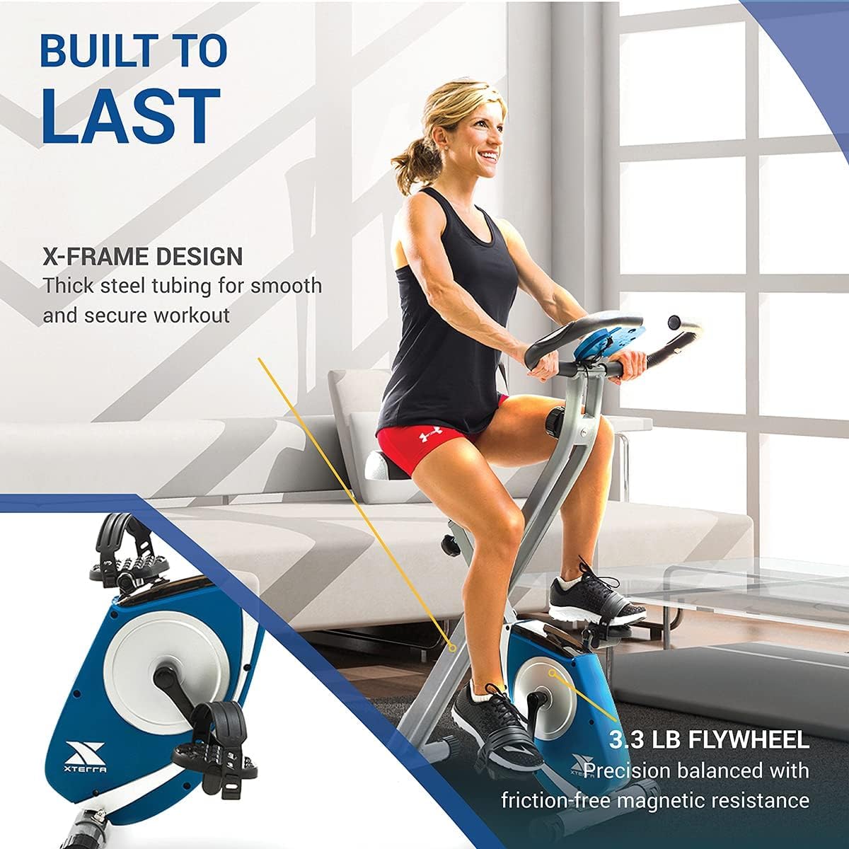 XTERRA Fitness Folding Exercise Bike, 225 LB Weight Capacity, Cordless, Battery Powered with Solid X-Frame Folding Design, Padded Seat and Handlebars, Adjustable Foot Straps, 8 Levels of Resistance
