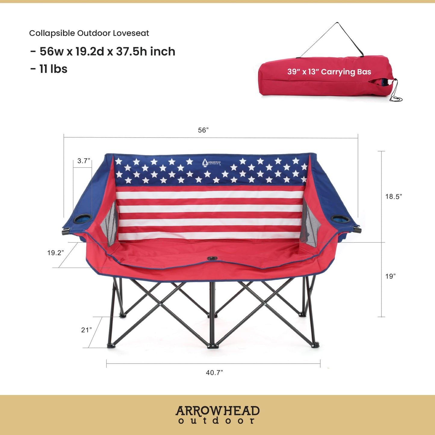 ARROWHEAD OUTDOOR 2-Pack Portable Folding Double Duo Camping Chair Loveseat w/ 2 Cup & Wine Glass Holder, Carrying Bag, Supports up to 650lbs