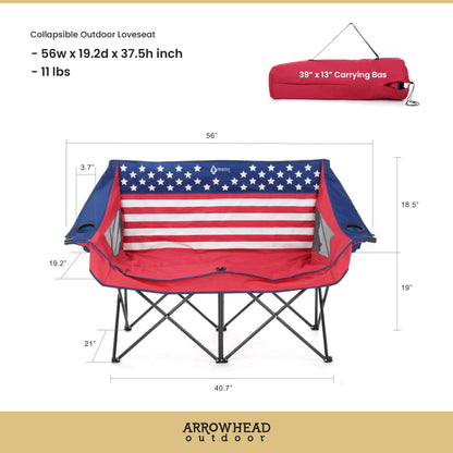 ARROWHEAD OUTDOOR 2-Pack Portable Folding Double Duo Camping Chair Loveseat w/ 2 Cup & Wine Glass Holder, Carrying Bag, Supports up to 650lbs
