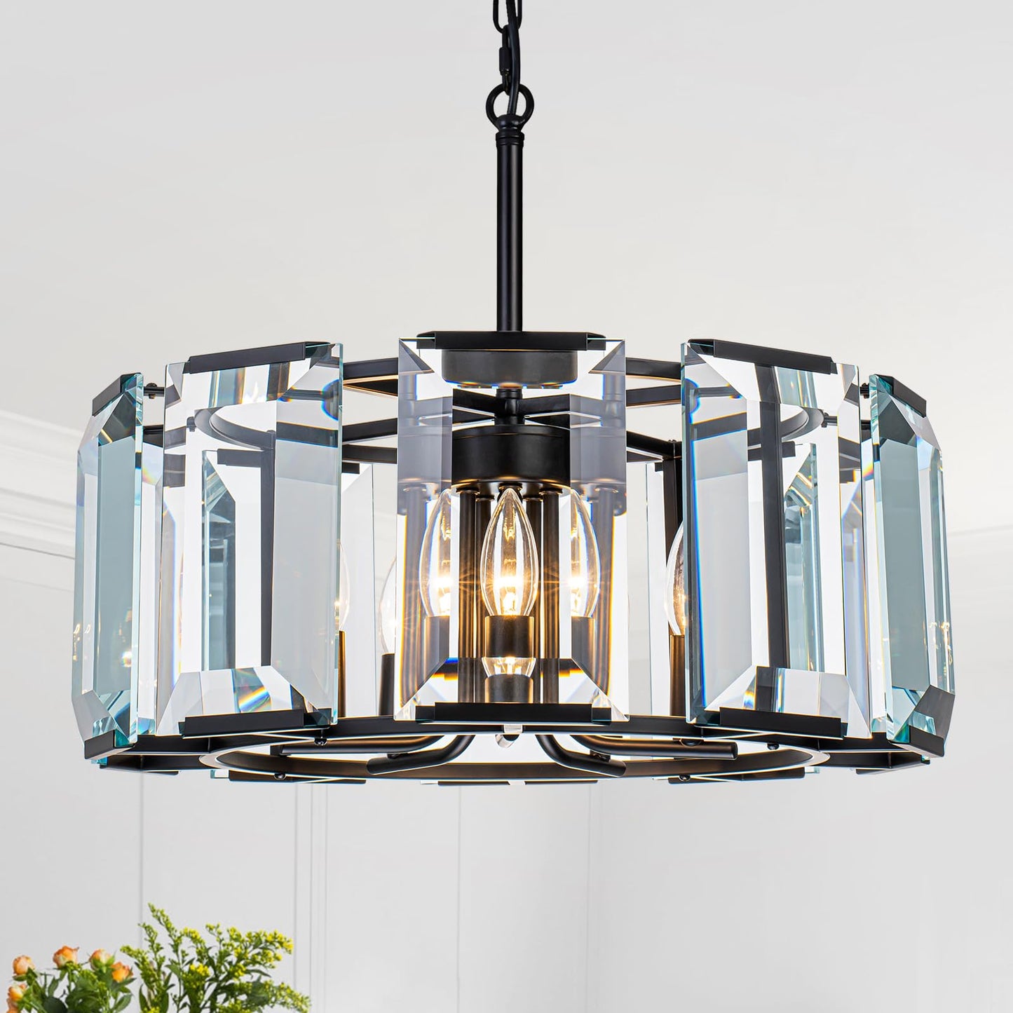 ASHUAQI 20" Modern Crystal Chandelier for Dining Room, 5-Light Black Glass Chandelier, Round Crystal Pendant Light Fixture for Kitchen Island Living Room Entryway Foyer Hallway
