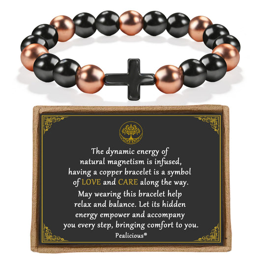 PEALICIOUS Copper Bracelet for Women and Men, 10MM Cross Copper Magnetic Bracelets with 3500 Gauss Magnetic Bead as Christian Jewelry for Dad, Cooper Hematite Jewelry Pulsera de Cobre Para Hombres
