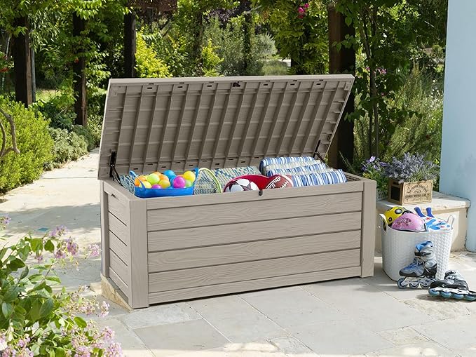 Keter Westwood 150 Gallon Resin Large Outdoor Storage Box for Patio Furniture, Outdoor Cushions, Garden Tools and Pool Floats, Beige
