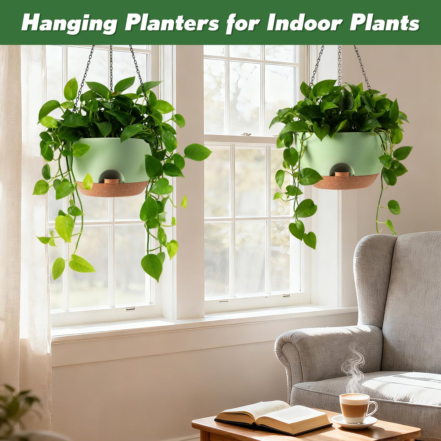 WUCEIAUU 3-Piece Set of 10-Inch Hanging Planters with Automatic Watering System and Drip Tray, Includes Metal Chain, Suitable for Various Indoor and Outdoor Plants and Flowers, Green Brown