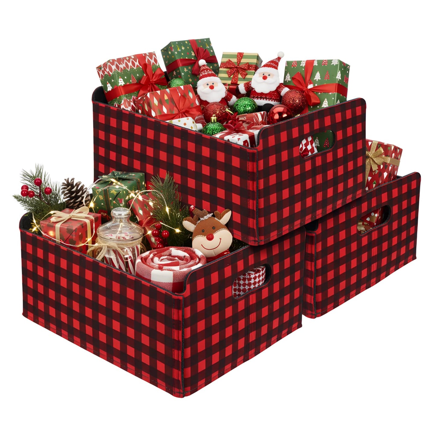FoldTier 3 Pcs Large Christmas Baskets for Gifts Empty Collapsible Buffalo Plaid Felt Storage Basket Red Black Christmas Bins Xmas Organizer Box for Holiday Gift Snack Toys Pet Home Bedroom Office