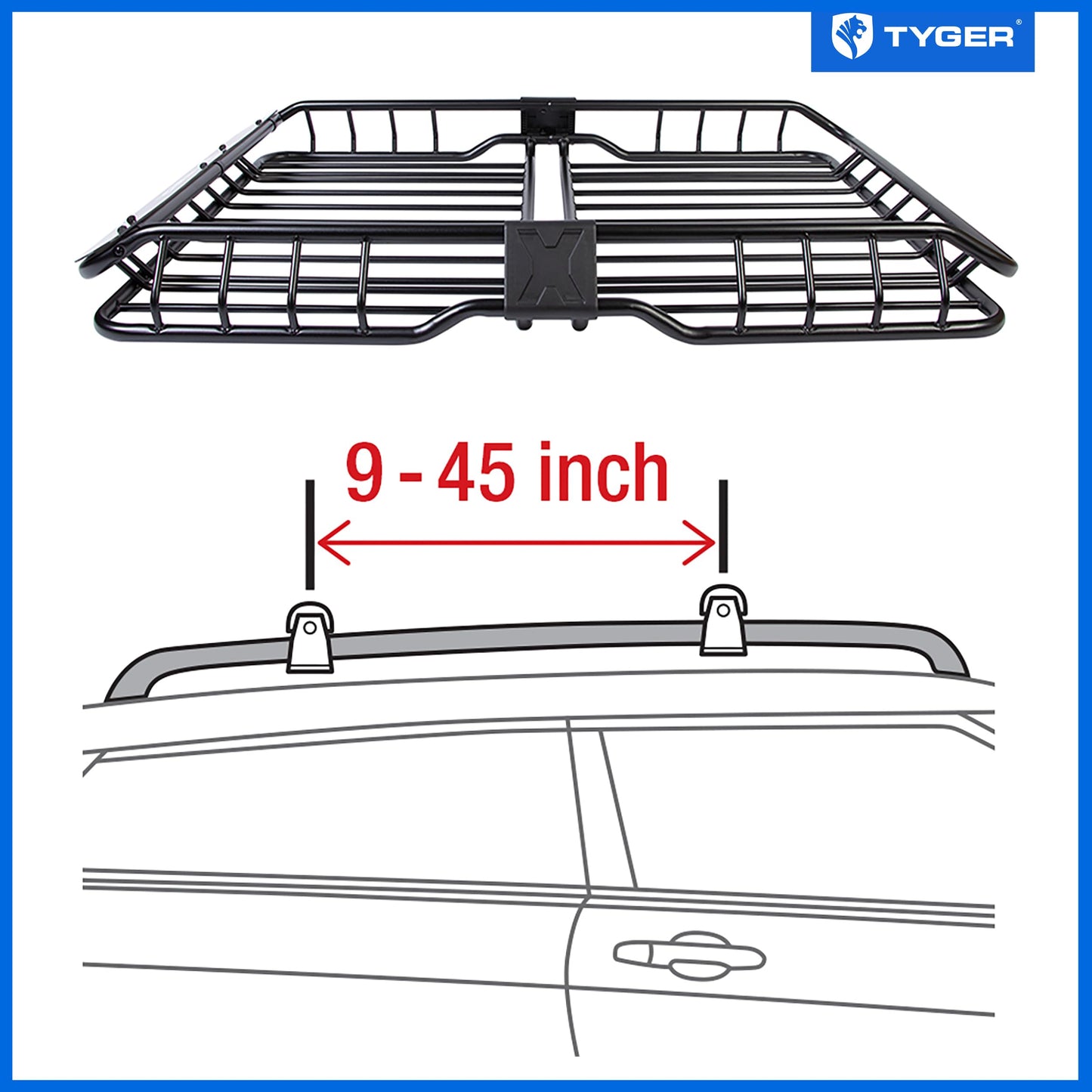 Tyger Auto TG-RK1B942B Heavy Duty Roof Mounted Cargo Basket Rack | L57.5 x W42 x H6 | Roof Top Luggage Carrier | with Wind Fairing, Black