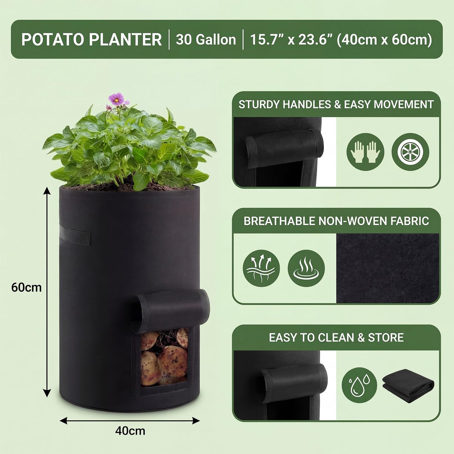Yoojahow 2 Pack 30 Gallon Potato Grow Bags with Harvest Window, Durable Garden Planter Bags with Handles for Potatoes, Tomatoes, and Vegetables - Indoor & Outdoor Gardening Supplies (Black)